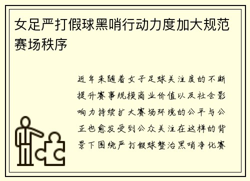 女足严打假球黑哨行动力度加大规范赛场秩序